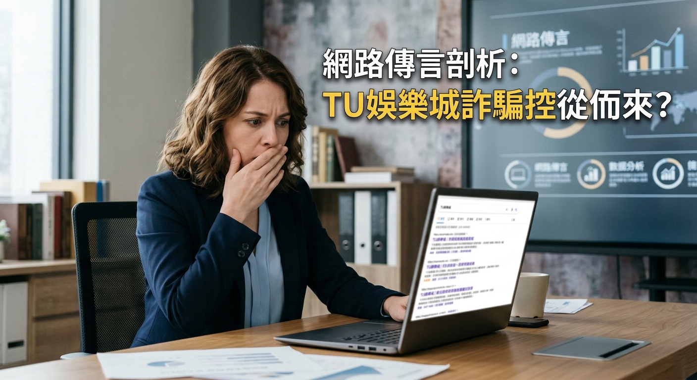 這張圖片展現了一位女性專業人士在辦公桌前專注地查看電腦螢幕,臉上露出震驚與疑惑的表情。 畫面右上角標註著醒目的中文標題:「網路傳言剖析:TU娛樂城詐騙指控從何而來?」。