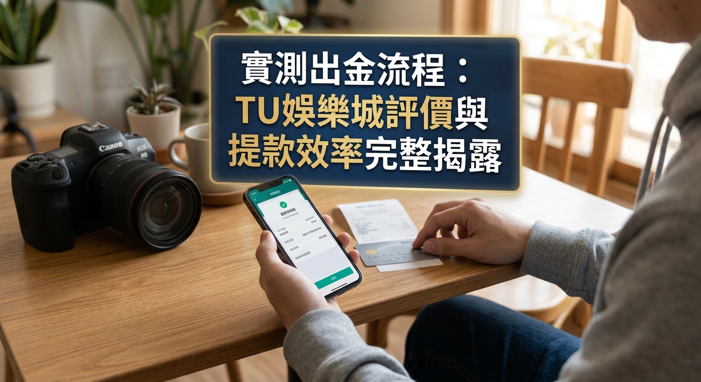 這張圖片展示了一位使用者在木質桌前操作手機上的提款介面,背景擺放著相機與收據,營造出真實測試與紀錄的氛圍。 畫面中央特別以清晰醒目的繁體字呈現標題:「實測出金流程:TU娛樂城評價與提款效率完整揭露」。