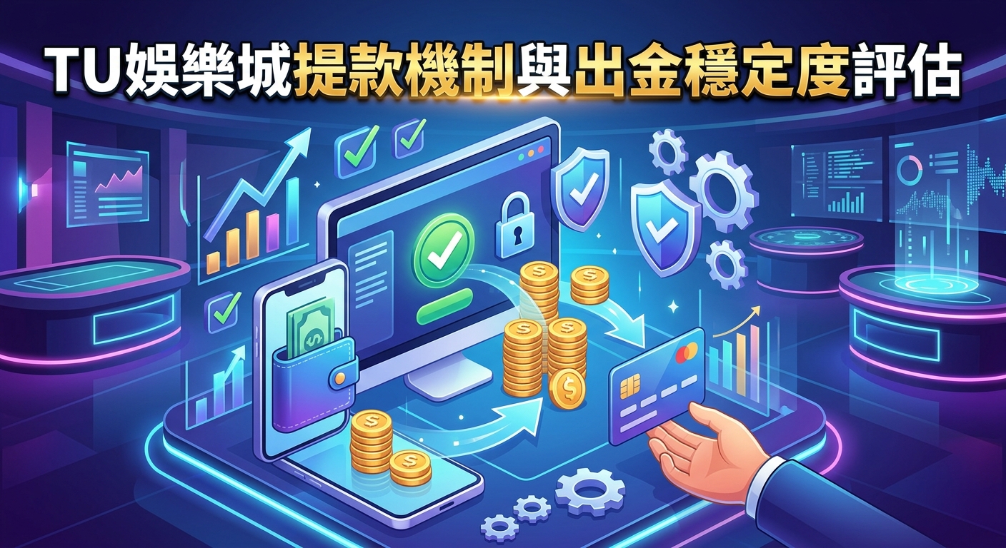 這張圖片以高科技風格的藍紫霓虹色調為主，頂部醒目地顯示著「TU娛樂城提款機制與出金穩定度評估」的專屬標題。 畫面中心結合了電腦螢幕、手機錢包、信用卡與流動的金幣，並輔以安全盾牌與金融圖表，具體呈現出安全且穩定的資金提領意象。
