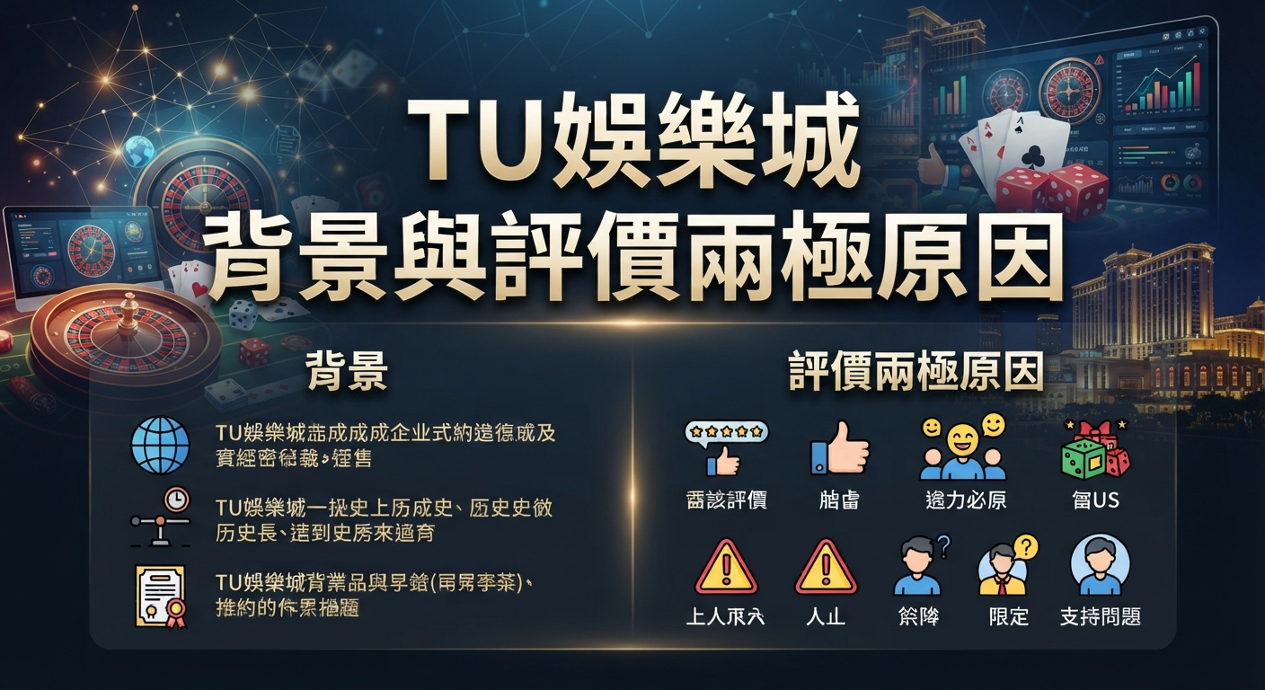 圖片上方以清晰的中文字體標示主題「TU娛樂城背景與評價兩極原因」。 背景融合了線上博弈與科技元素，營造出數位娛樂城的視覺氛圍。