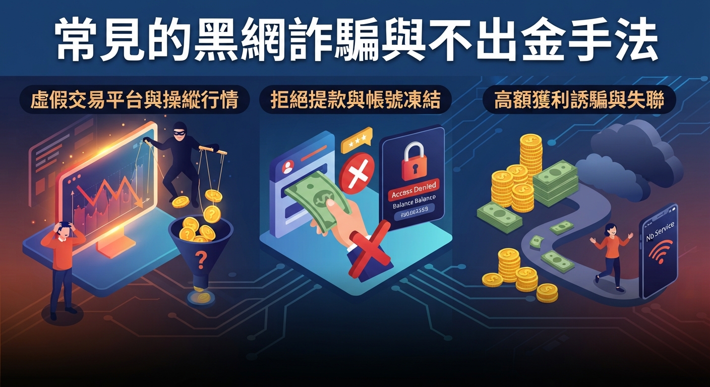 這張資訊圖表的標題為「常見的黑網詐騙與不出金手法」。畫面透過三個圖解分別展示了虛擬交易平台操縱行情、拒絕提款與帳號凍結，以及高額獲利誘騙等常見詐騙手法。